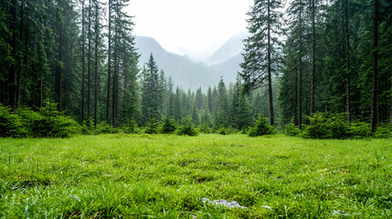 Rainy mountain forest meadow, scenic view, tranquil nature background, ideal for travel brochure