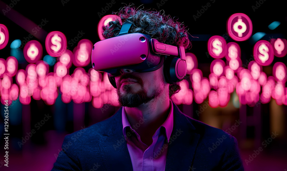 Poster man engaged in virtual reality with neon background and technology vibes