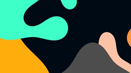 This abstract illustration utilizes organic forms in a palette of black, dark blue, green, orange, and muted gray. The contrasting color scheme results in a bold and contemporary composition.