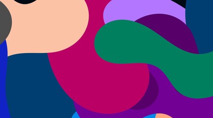 The abstract illustration employs organic forms in a palette of peach, pink, green, and muted purple. This harmonious and gentle color scheme evokes a calming effect.