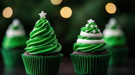 Festive green cupcakes with tree-shaped frosting, perfect for holiday celebrations.