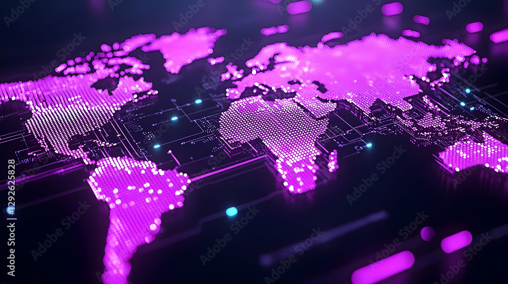 Poster digital world map with purple neon lights and circuit patterns