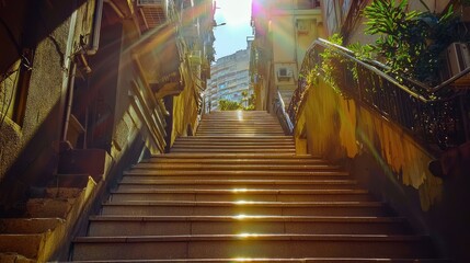 Obraz premium Long staircase in a city illuminated by bright sunlight