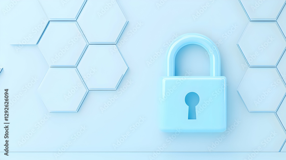 Poster soft blue lock on light background with hexagonal pattern design