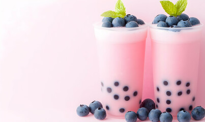 Refreshing Pink Boba Drink with Blueberries and Mint Leaves