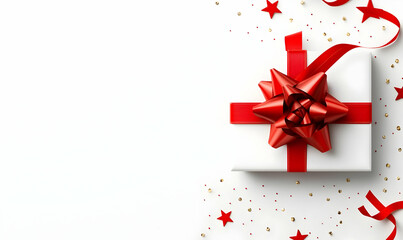 Elegant Gift Box with Red Ribbon and Decorative Stars and Confetti