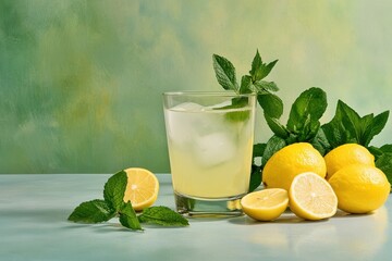 Fototapeta premium Refreshing Lemonade With Mint And Lemon Slices On Teal Background
