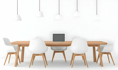 Modern Minimalist Meeting Room with Wooden Table and White Chairs
