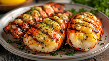  grilled lobster tails with garlic butter sauce and parsley red food meal plate ocean white