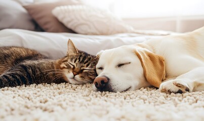Obraz premium A cute dog resting its head near a cat on a plush rug. Generative AI