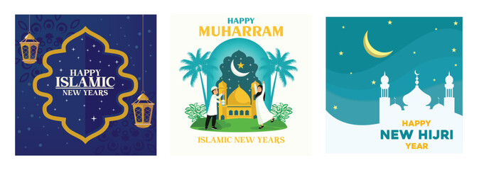 Vector design illustrations celebrating Islamic New Year and Muharram holiday themes.