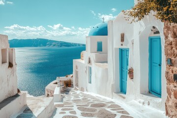 Sunny coastal pathway in Santorini with blue doors and white buildings overlooking the sea. Generative AI