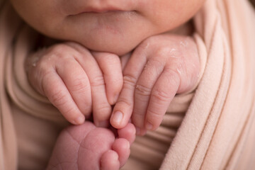 Tiny newborn baby human hands and fingers