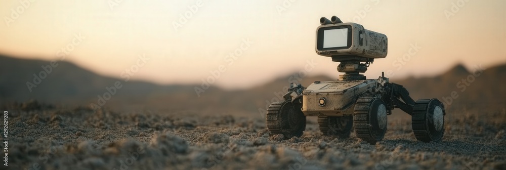Aufkleber a military robot patrolling a remote area with a camera sensor