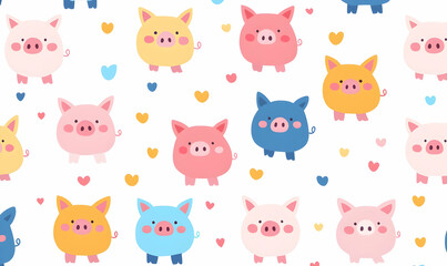 Cute Cartoon Pigs in Pink, Blue, Yellow with Hearts on White Background