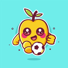 cheerful apricot fruit character mascot playing football isolated cartoon