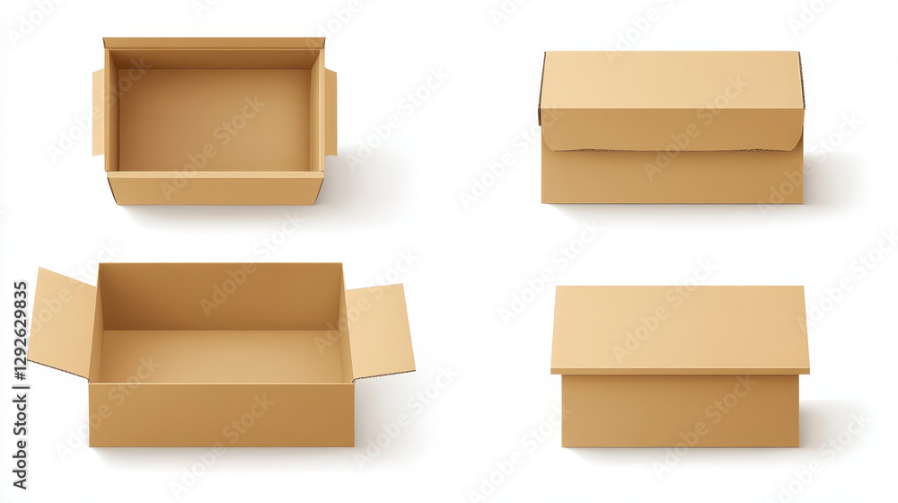 Poster white cardboard open empty box mockup. realistic vector illustration set of blank carton package in 