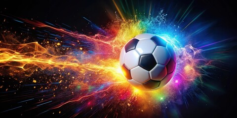 Fototapeta premium Explosion of vibrant soccer ball with colorful sparks flying out