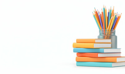 Fototapeta premium Colorful Stationery Arrangement with Pencils and Stacked Books