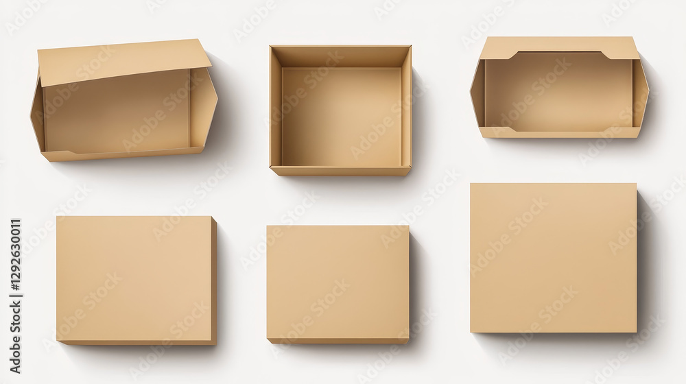 Poster white cardboard open empty box mockup. realistic vector illustration set of blank carton package in 