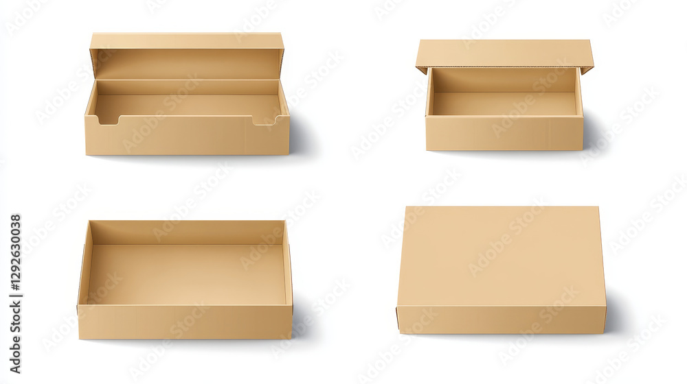 Poster white cardboard open empty box mockup. realistic vector illustration set of blank carton package in 