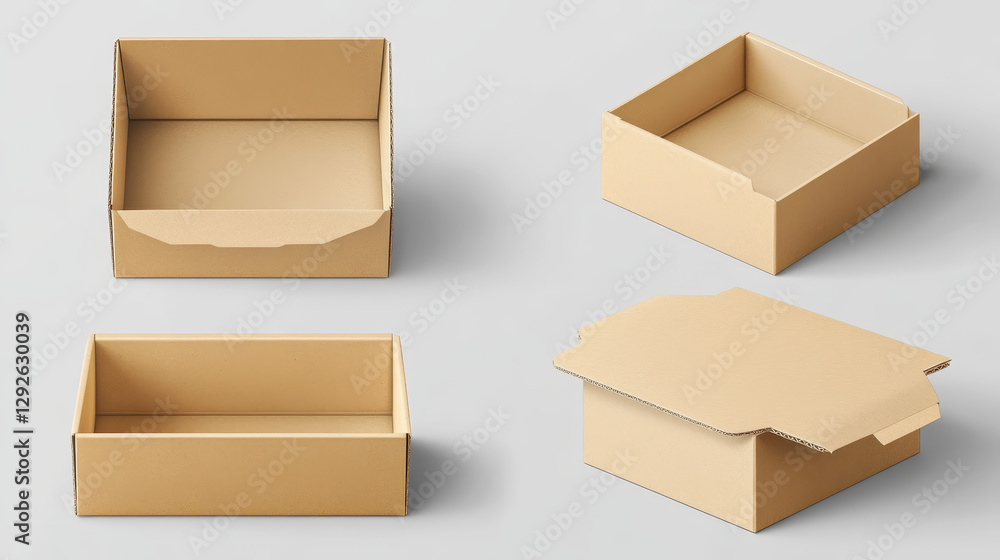 Poster white cardboard open empty box mockup. realistic vector illustration set of blank carton package in 