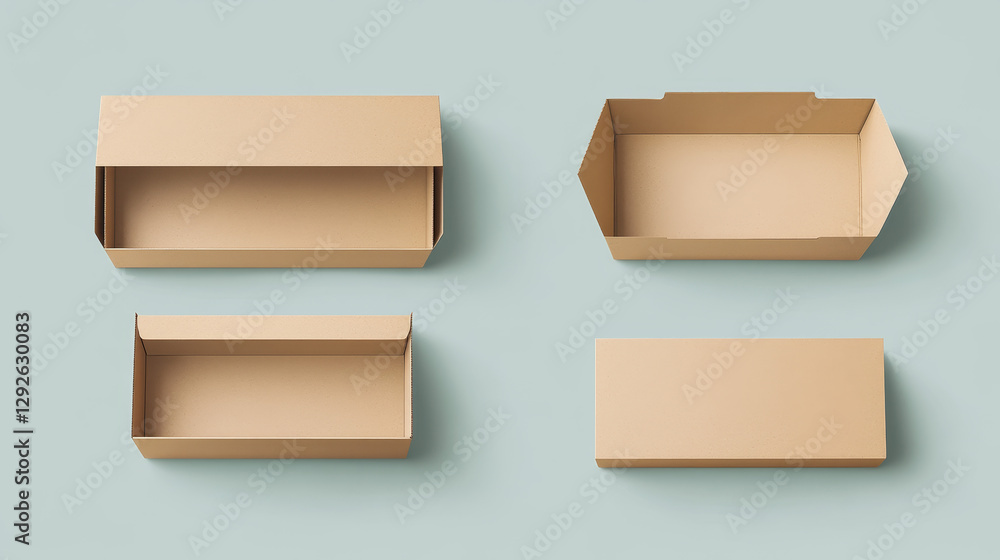 Poster white cardboard open empty box mockup. realistic vector illustration set of blank carton package in 
