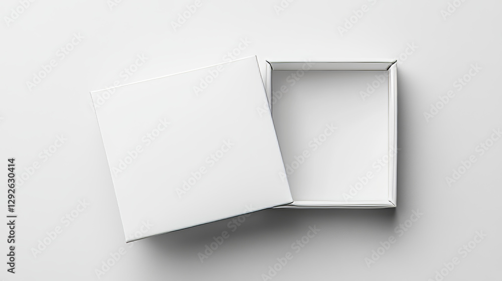 Poster 3d open empty white gift box blank mockup top view vector. paper square package with lid realistic p