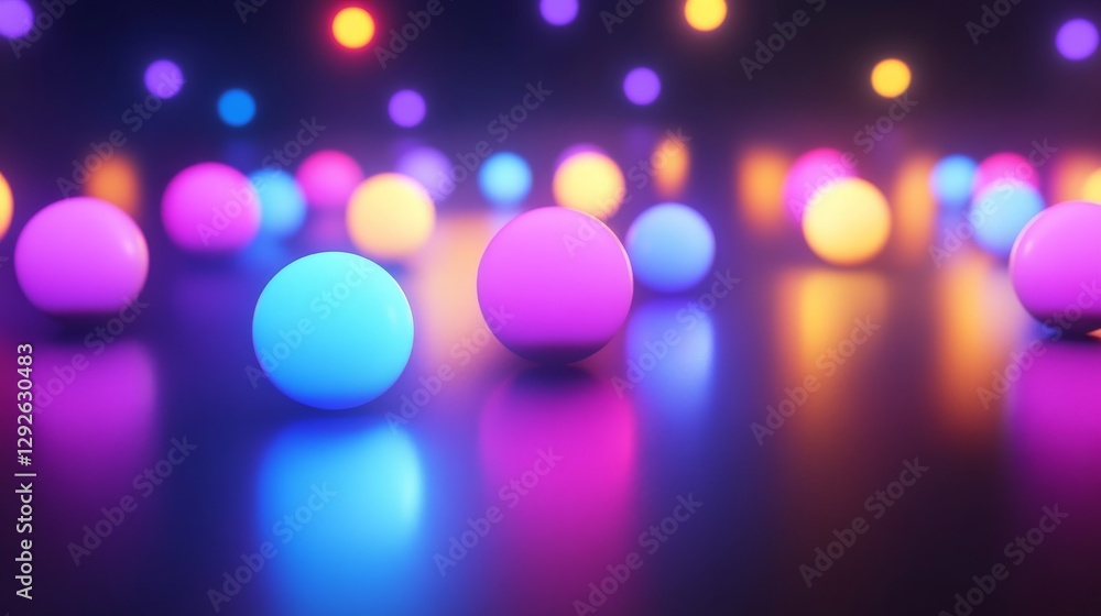 Poster vivid neon spheres with blurred bokeh lights on dark background. futuristic glowing abstract art wit