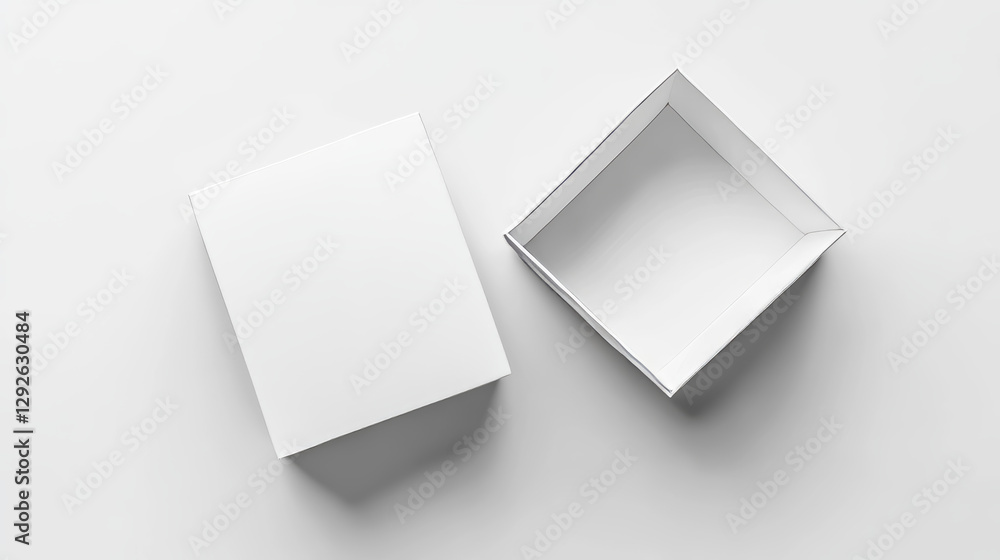 Poster 3d open empty white gift box blank mockup top view vector. paper square package with lid realistic p