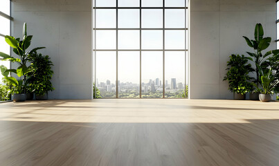 Obraz premium Bright Modern Studio with Large Windows and Urban View