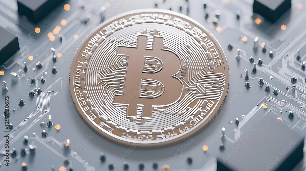 Poster golden bitcoin coin on computer circuit board background