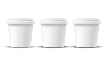 Realistic set of white food containers isolated on transparent background. Vector illustration of 3D ice cream or yogurt bucket mockup with blank surface ready for branding. Paper tub for meal storage