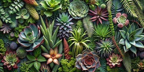 Obraz premium Unconventional floral patterns feature an assortment of unusual and exotic plants, including succulents and ferns, on a unique and eye-catching wallpaper design , nature-inspired, foliage