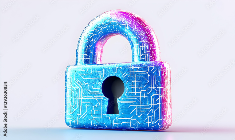 Poster futuristic digital lock with circuit patterns in vibrant colors