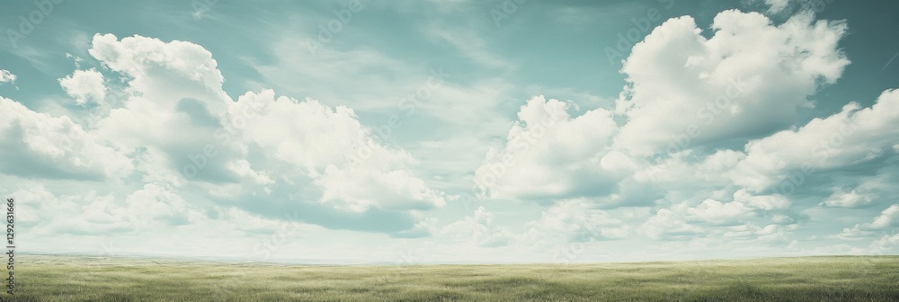 Poster Vast open field under a sky filled with white clouds capturing the essence of a serene landscape in the afternoon. Generative AI