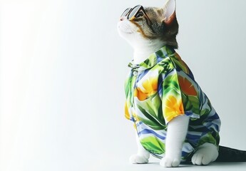 Fototapeta premium Stylish Cat in Colorful Hawaiian Shirt with Sunglasses Posing
