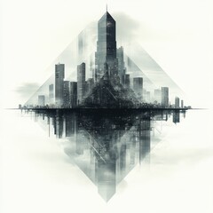 Surreal Urban Landscape with Abstract Reflection in Water, Modern Skyscrapers and Geometric Shapes in Artistic Black and White Design