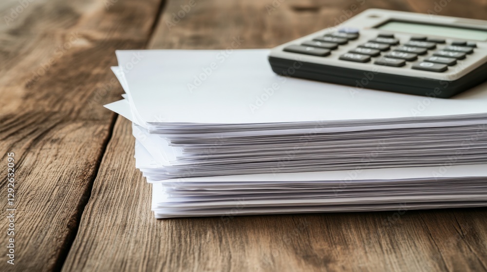 Poster a stack of blank papers with a calculator resting on top, set on a rustic wooden table