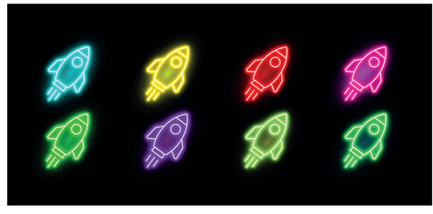 Neon colorful rocket icon. Glowing neon spacecraft symbol, spaceship flight sign. Space exploration, startup launch, product promotion, innovation. Icon © MstBeauty