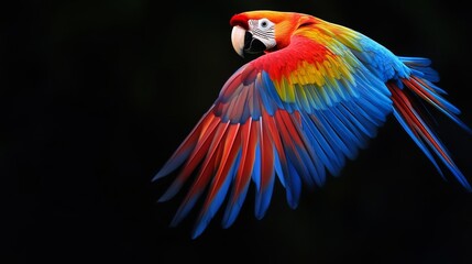 Obraz premium Scarlet macaw with vibrant red, blue, and yellow feathers flying against dark background. Exotic wildlife and nature beauty concept