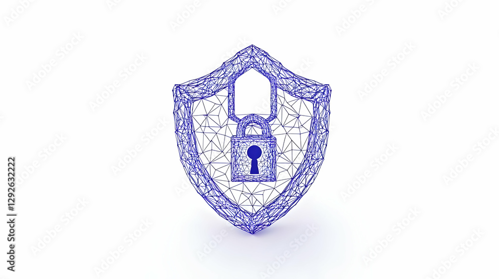 Poster wireframe security shield with padlock symbolizing cyber protection