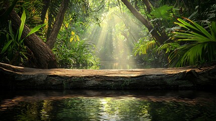 Sunlit Jungle Path: Lush Green Tropical Forest With Tranquil Water And Log
