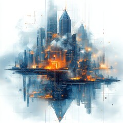 Obraz premium Futuristic cityscape with glowing skyscrapers and digital overlay representing advanced technology in a dystopian setting
