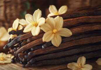 Fototapeta premium Freshly harvested vanilla pods with delicate yellow flowers arranged on a wooden surface, providing a warm and natural aesthetic for culinary use