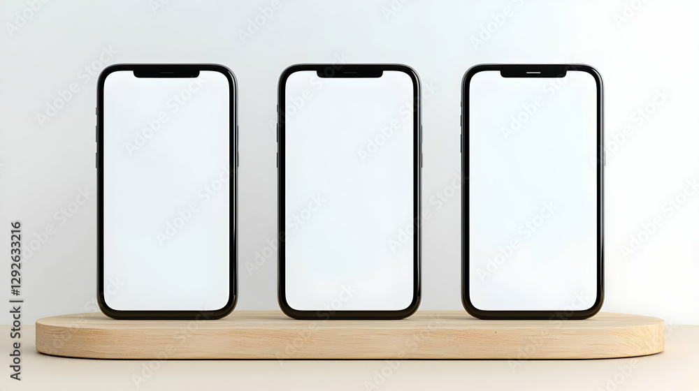 Poster three empty smartphone mockups on a wooden stand display