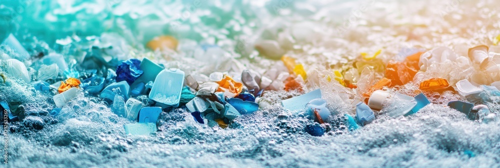 Poster close up view of plastic fragments in ocean waves highlighting marine pollution issue. generative ai