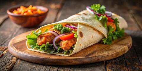 Crispy chicken kati roll with spicy filling wrapped in a soft flatbread, golden brown and fragrant, ready for serving, cuisine