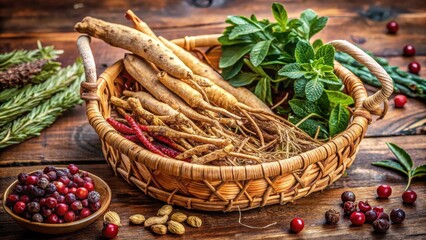 Obraz premium Detailed image of a dried Ginseng root in a wooden basket with other herbs like Astragalus and Schisandra chinensis, herbal remedies, wild herbs