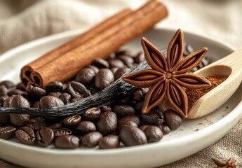 Gourmet coffee beans with aromatic spices including cinnamon, star anise, and vanilla on a rustic plate in a warm setting, perfect for culinary use